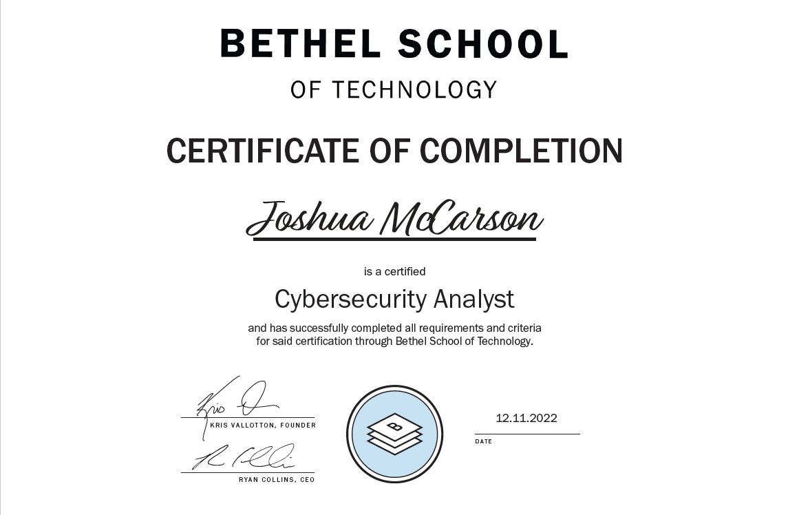 Bethel School of Technology Certification
